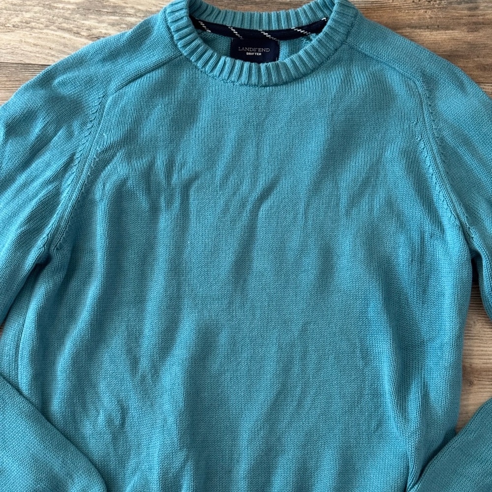 Lands End Drifter Crewneck Sweater Teal Large 100% Cotton Classic